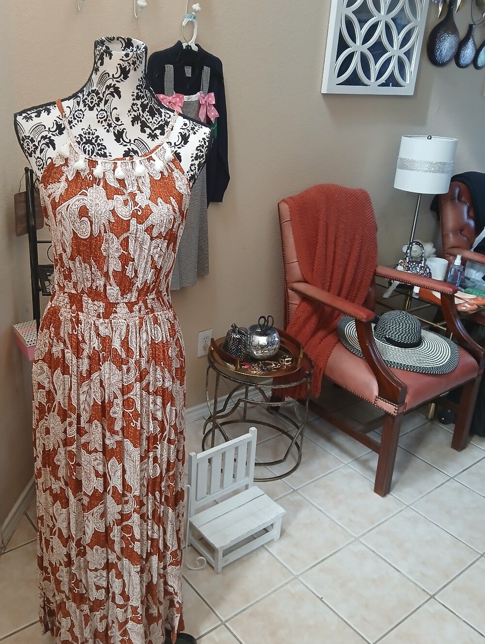 New Rust and White Paisley Maxi Dress with Cutouts On Each Side of Waist.